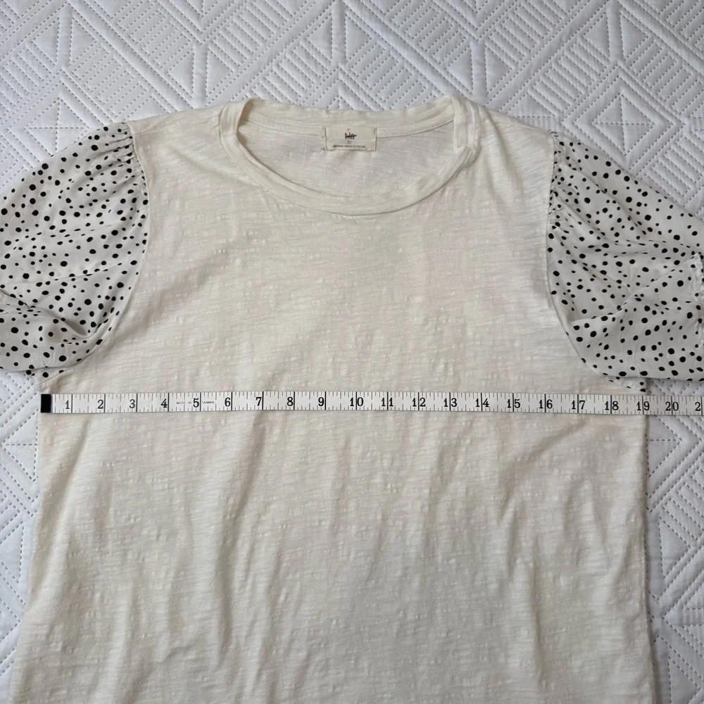Anthropologie T.La White Top with Black Polka Dot Sleeves Size L